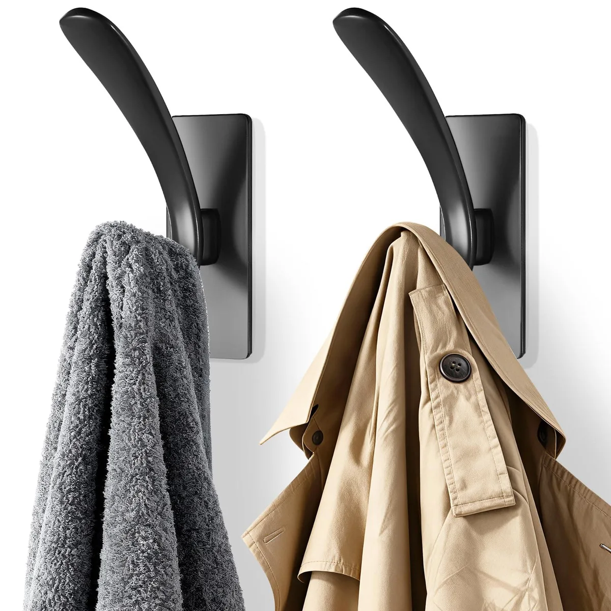 Matte black stainless steel adhesive hook, smooth rectangular form