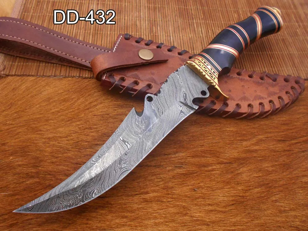 Damascus Depot Damascus Depot 13" Hunting Knife Bull Horn Brass Guard Red Fiber Leather Sheath — product photo