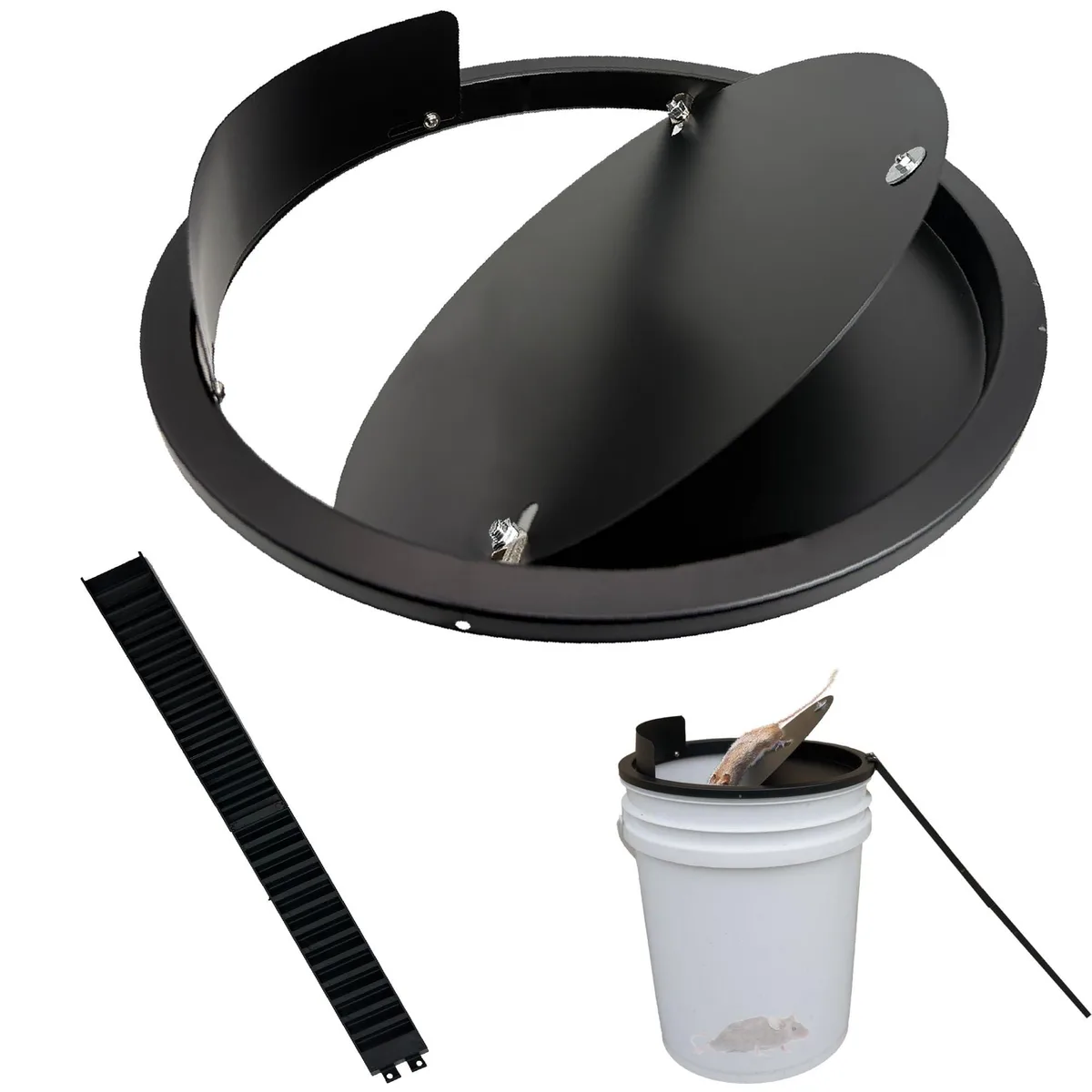 Black metal lid for a five gallon bucket, auto reset trap, bucket not included