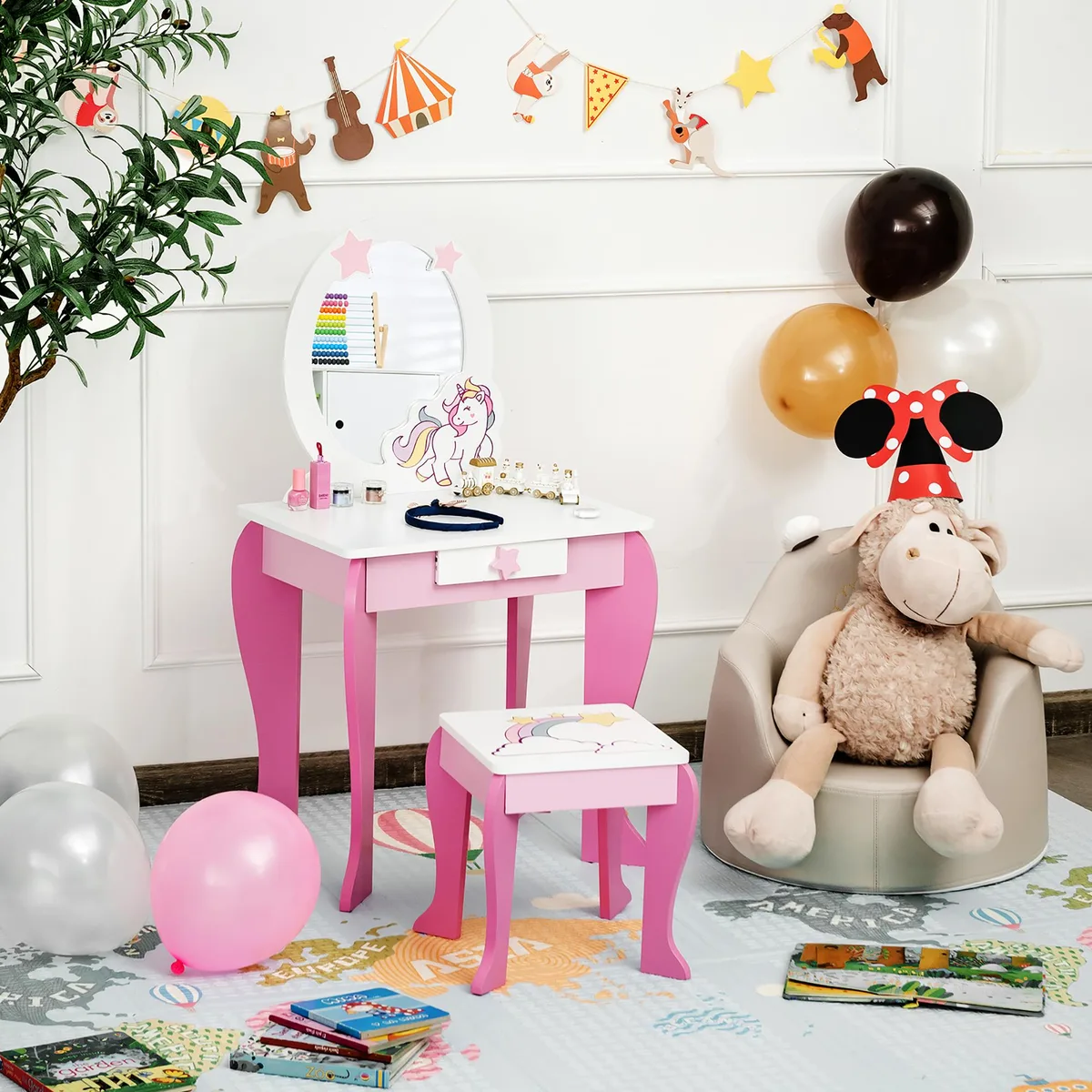 White and pink kids vanity table with mirror, removable top, drawer, and matching stool