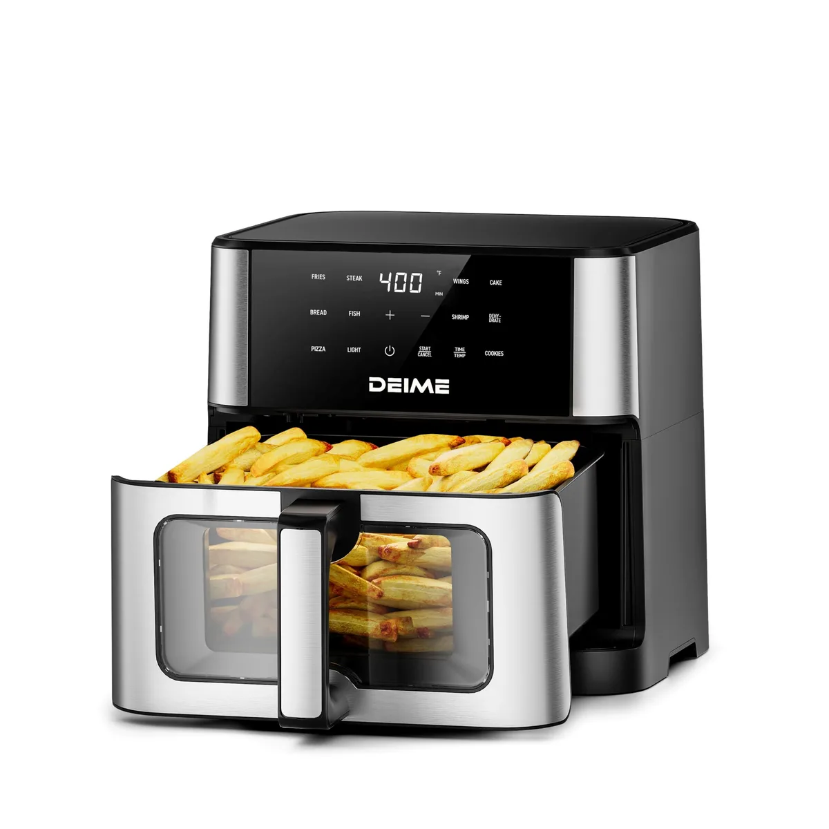Silver square air fryer with transparent front window and pull-out basket