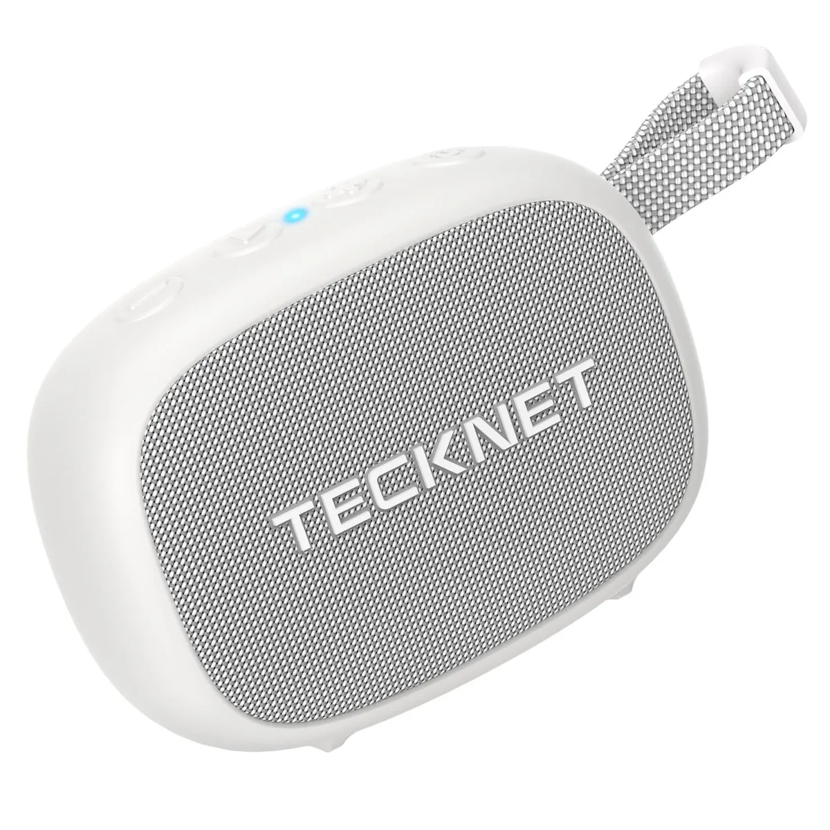 White rectangular portable Bluetooth speaker with woven strap and magnetic base