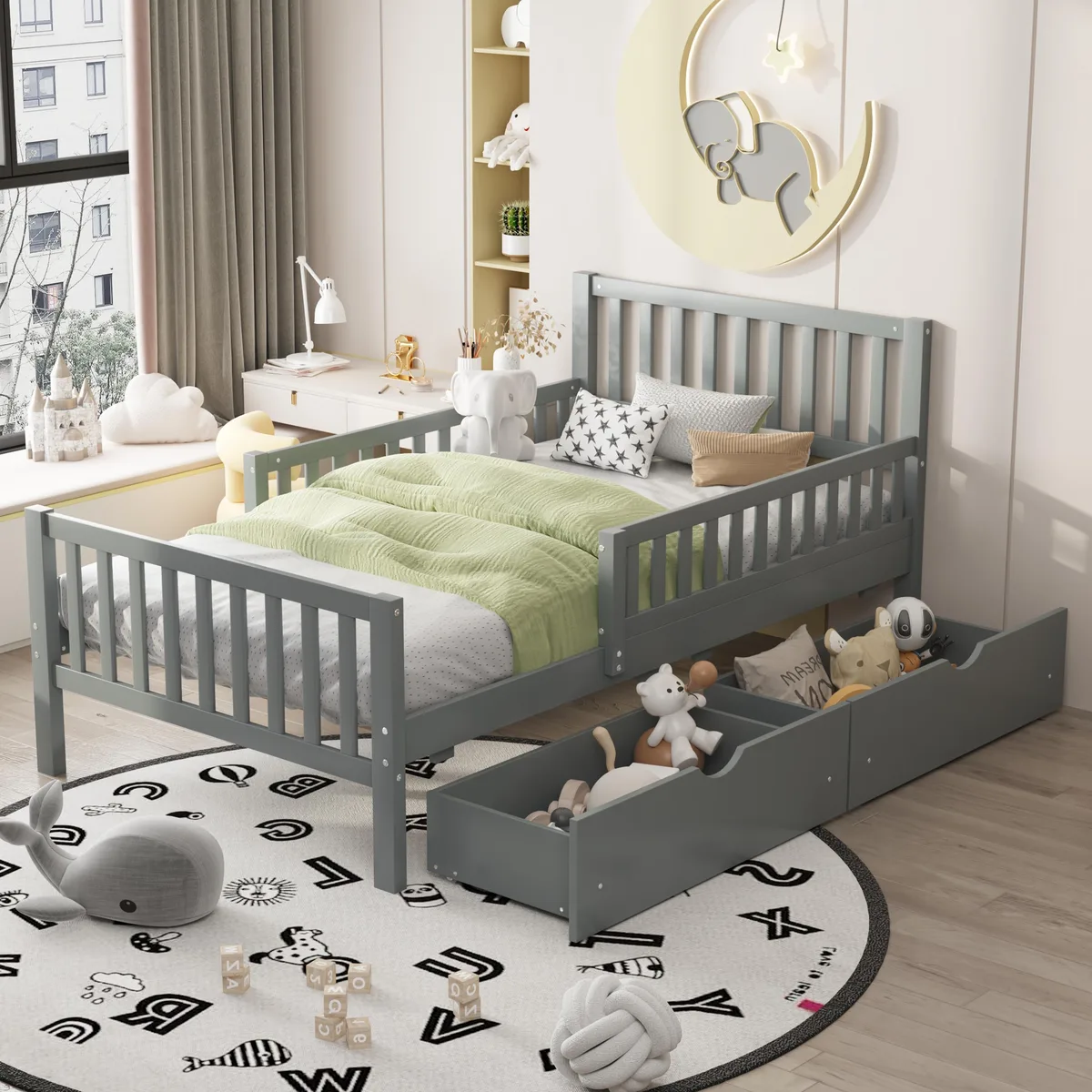 tuphen tuphen Twin Wood Platform Bed with Guardrails and Two Drawers, Gray — product photo
