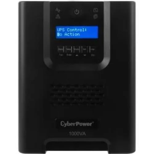 Rectangular black UPS unit with LCD display and front panel controls