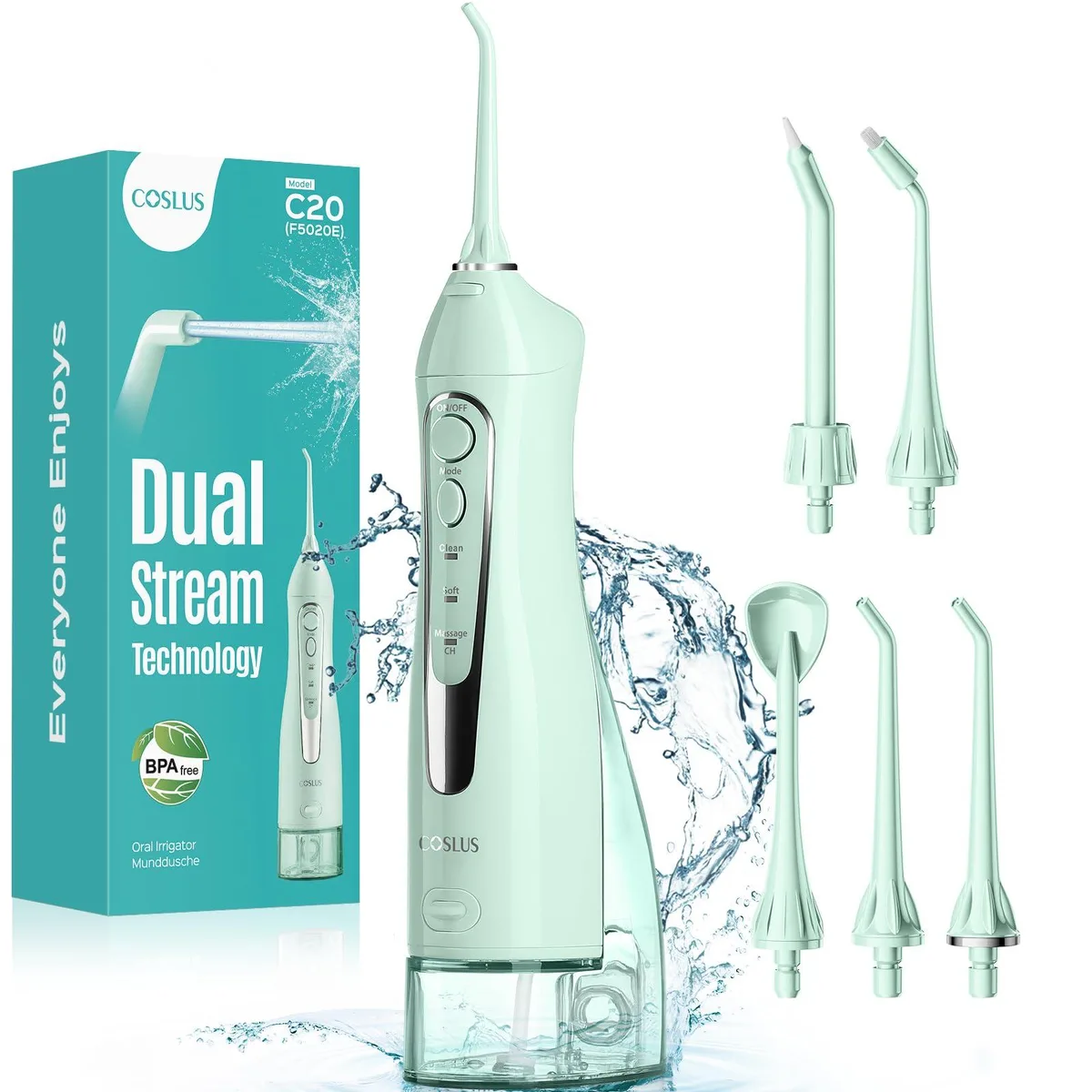 Green cordless water flosser with 300ml tank and multiple jet tips