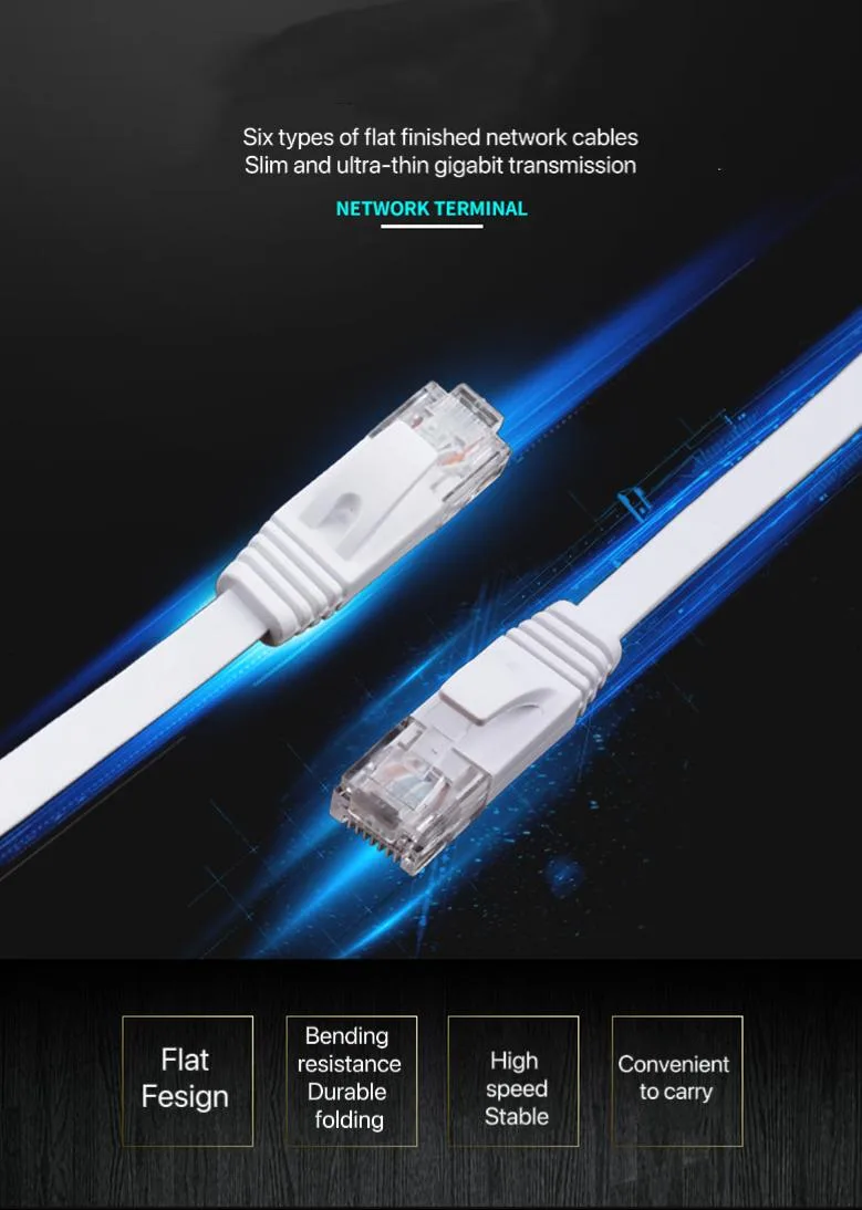 White flat Cat6 Ethernet cable with gold RJ45 connectors, 6 ft long