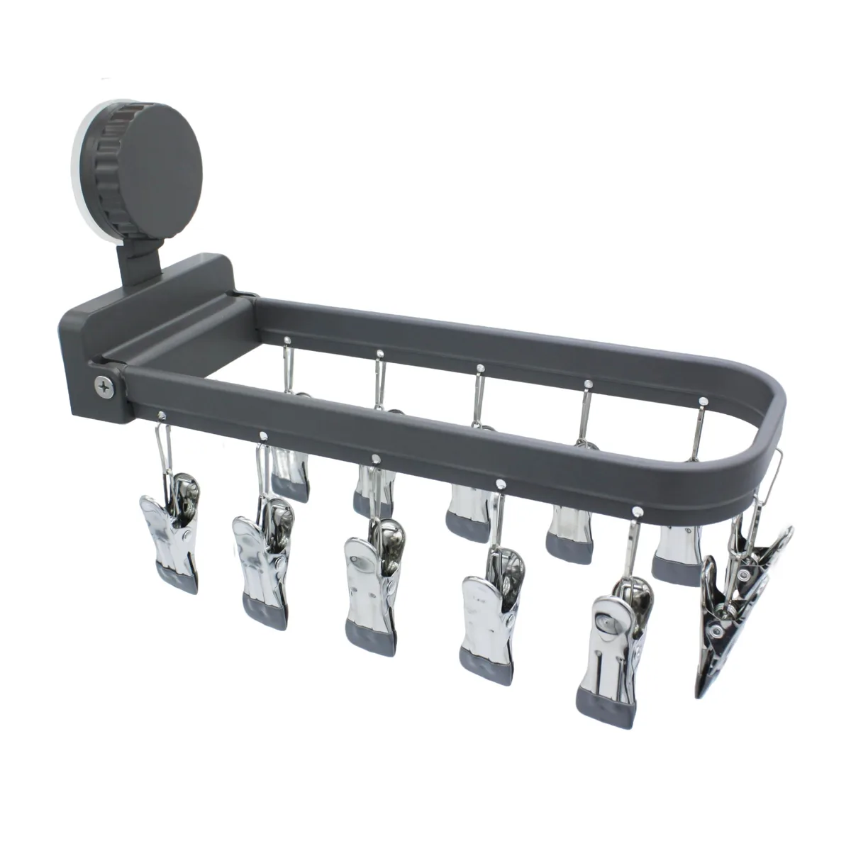 Foldable dark grey wall rack with twelve clips