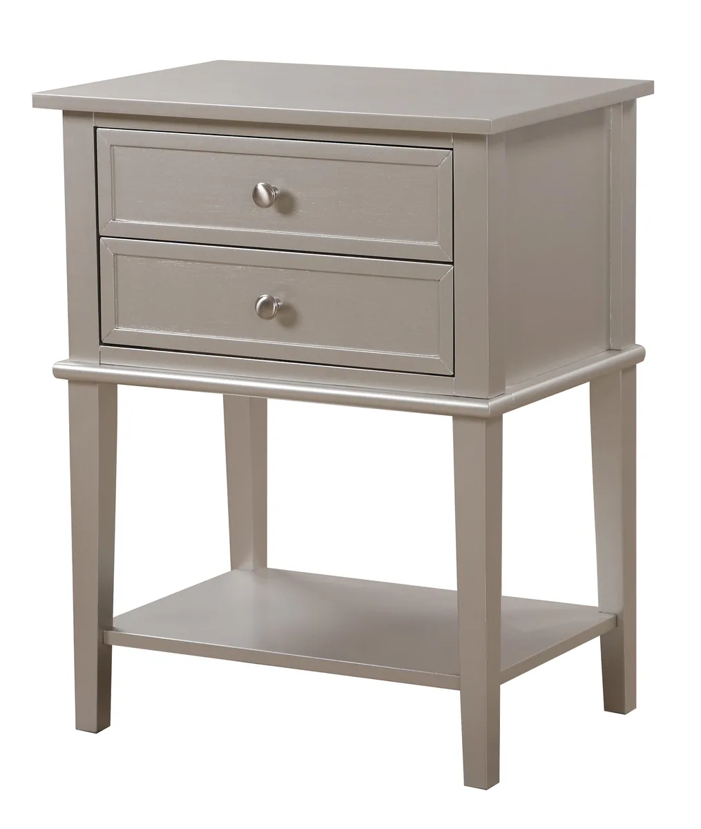 Champagne finish nightstand with open shelf, particle board construction