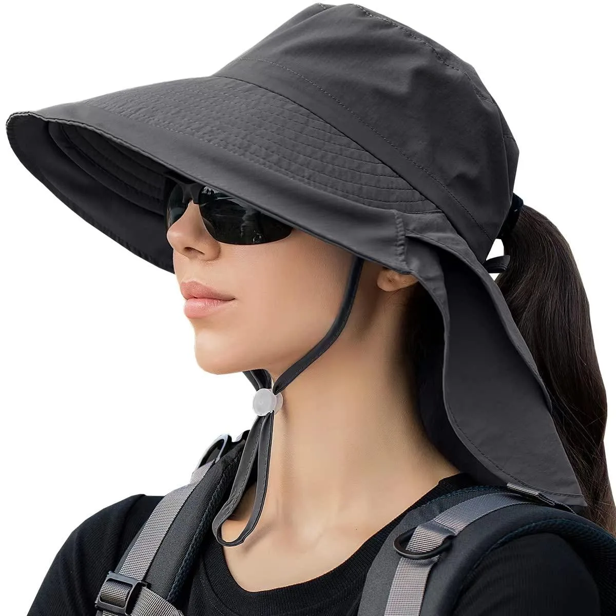  ZEXIAN Sun Hat UPF 50+ Wide Brim Neck Flap Ponytail Hole Dark Grey — product photo