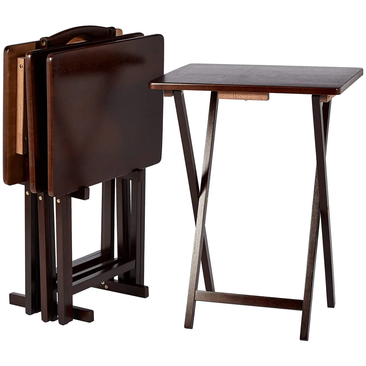 Four foldable wooden TV tray tables in espresso finish with matching storage rack