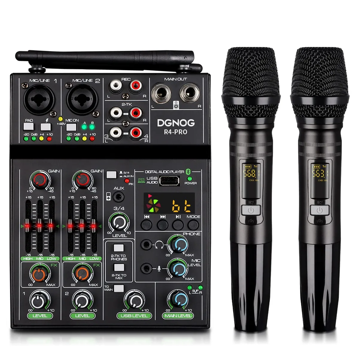DGNOG R4 PRO 4-Channel Audio Mixer with Dual Wireless Mic, Bluetooth 3.0, 48V Phantom Power, USB Interface — product photo