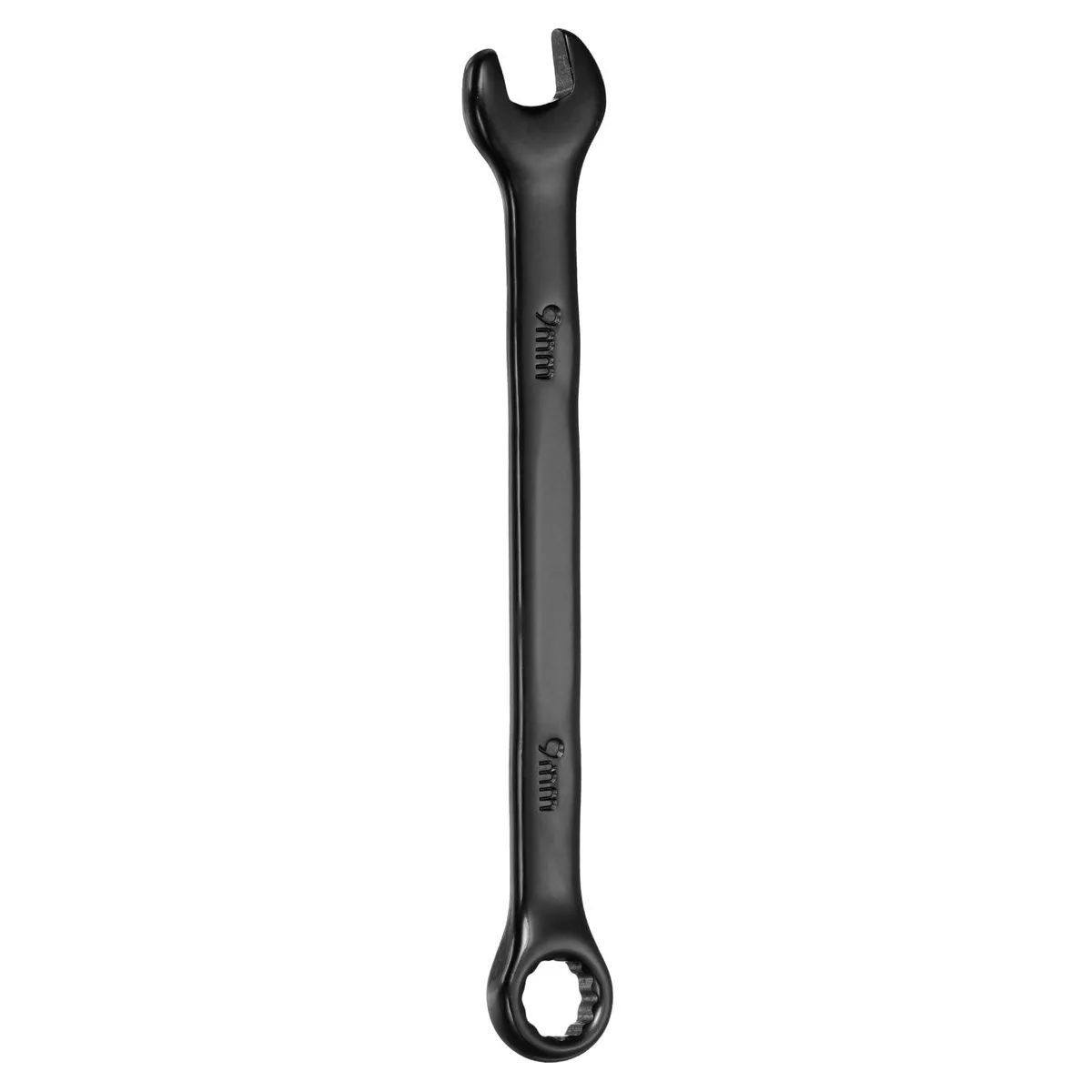 Black 9 mm combination wrench with open and 12-point box ends, 129 mm long