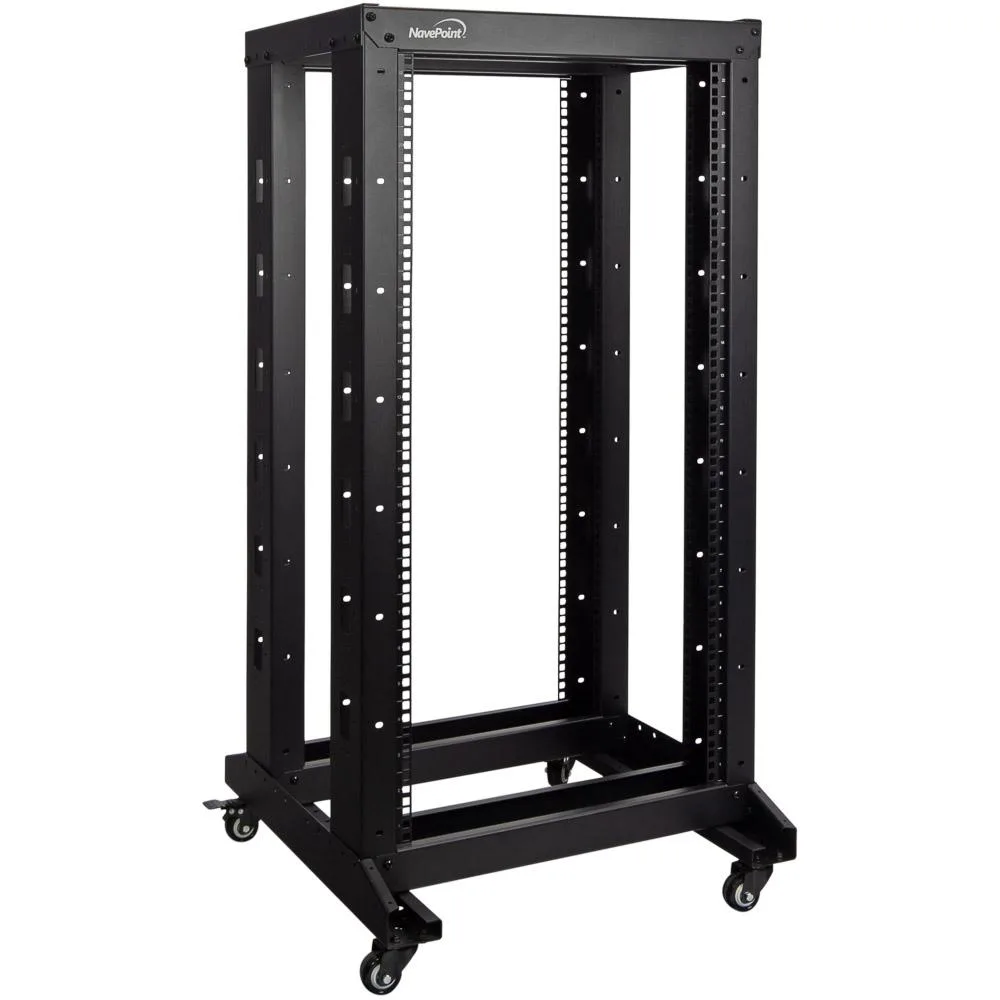 Black 19-inch 22U 4-post open frame rack on casters, 60-inch depth