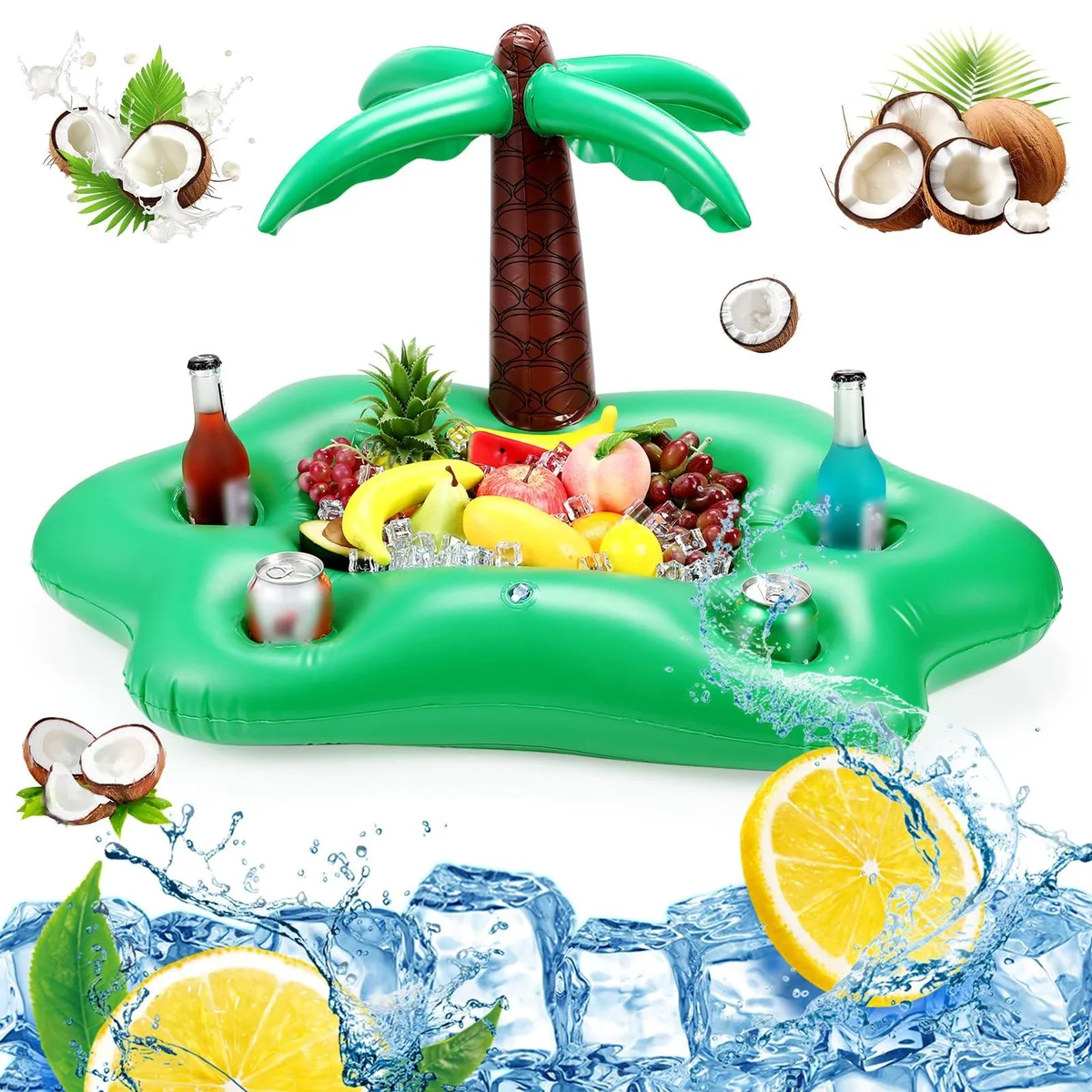 Inflatable coconut tree drink holder, glitter gold PVC, 7 piece set