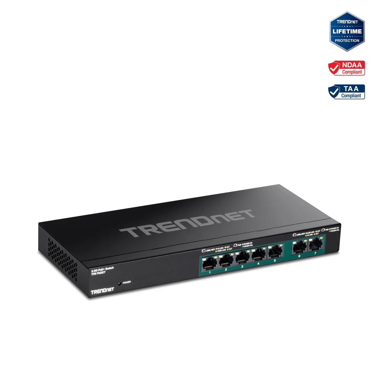 TRENDnet TRENDnet TPE-TG327 7-port Multi-Gig PoE+ network switch, 5×1G + 2×2.5G, 70W budget — product photo