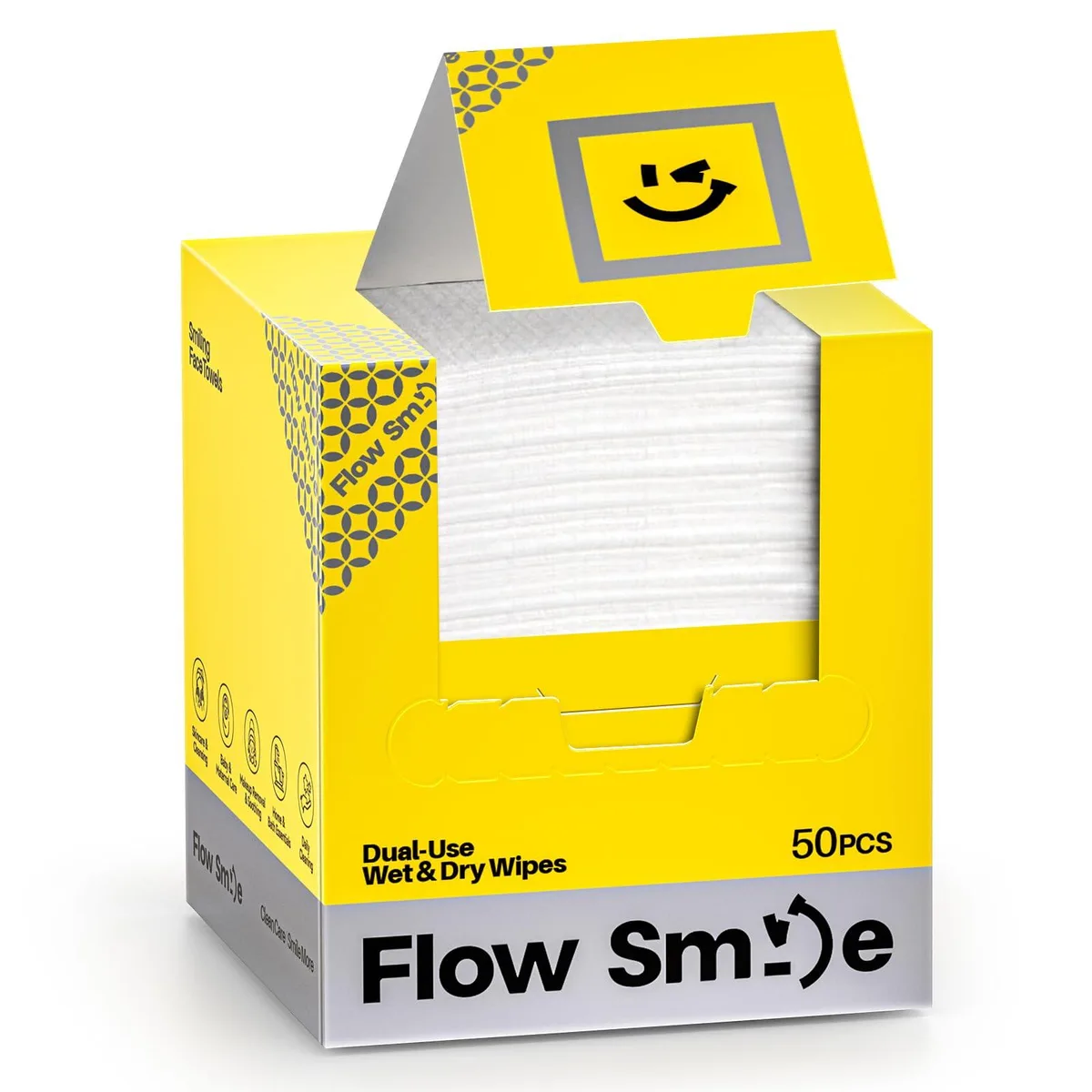 White rectangular box containing 50 disposable plant-fibre face towels, each 20 cm square