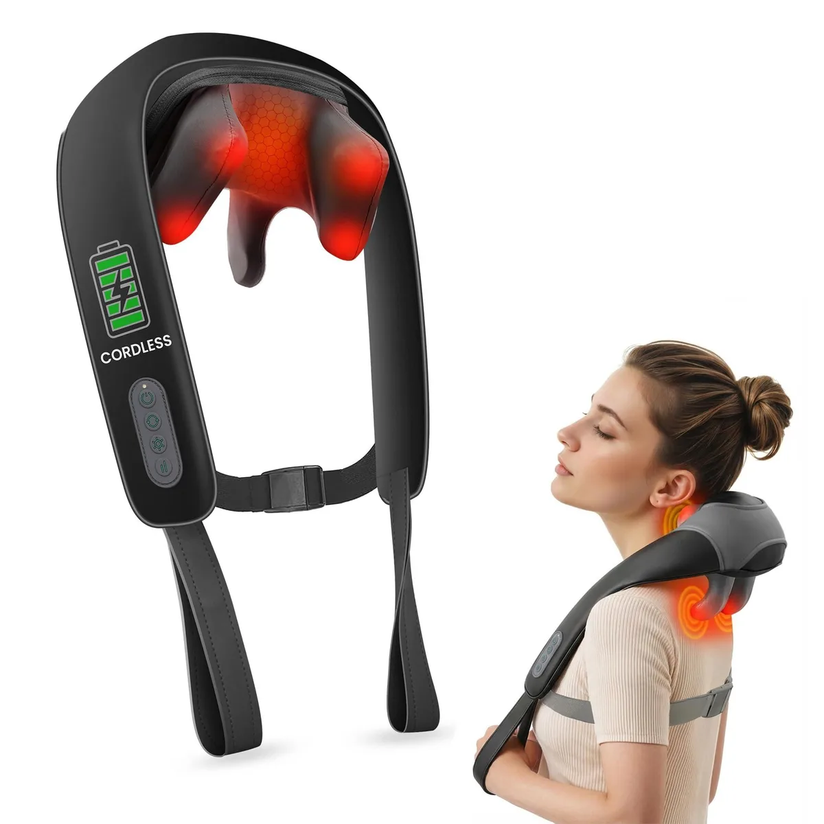 Blue cordless neck massager with wrap-around shape and PU leather finish