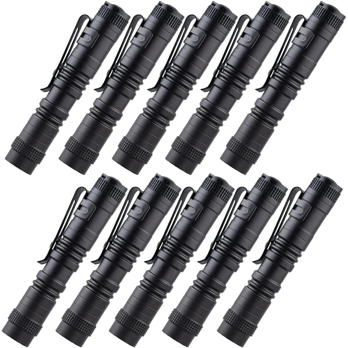 Ten small silver metal penlights with pocket clips arranged together
