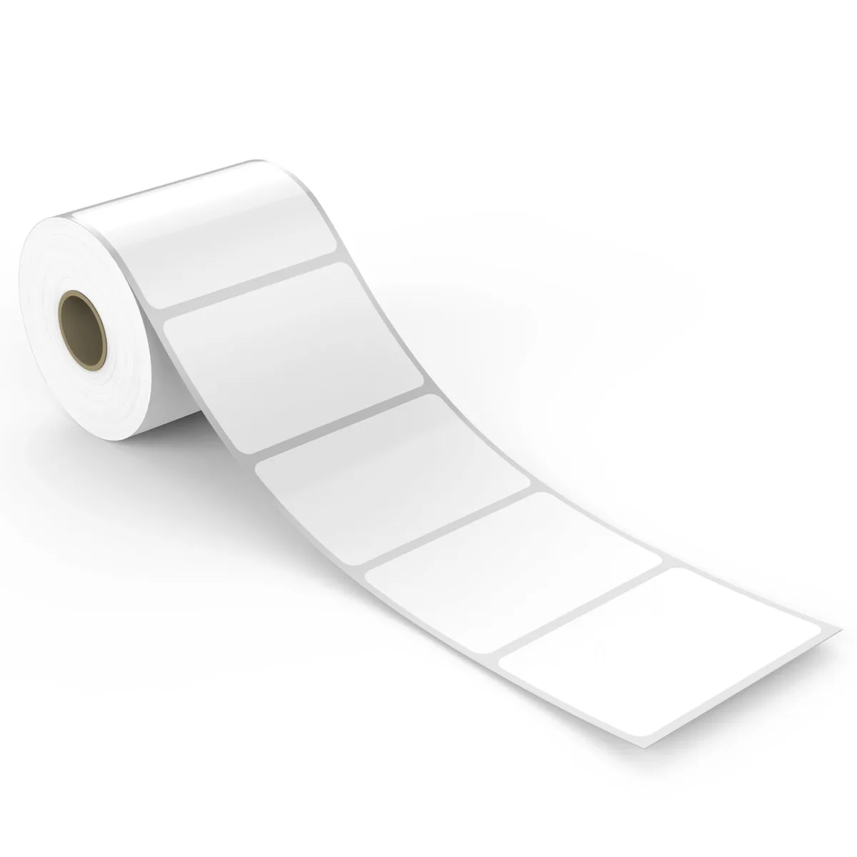 Roll of 500 white rectangular adhesive labels with perforated edges