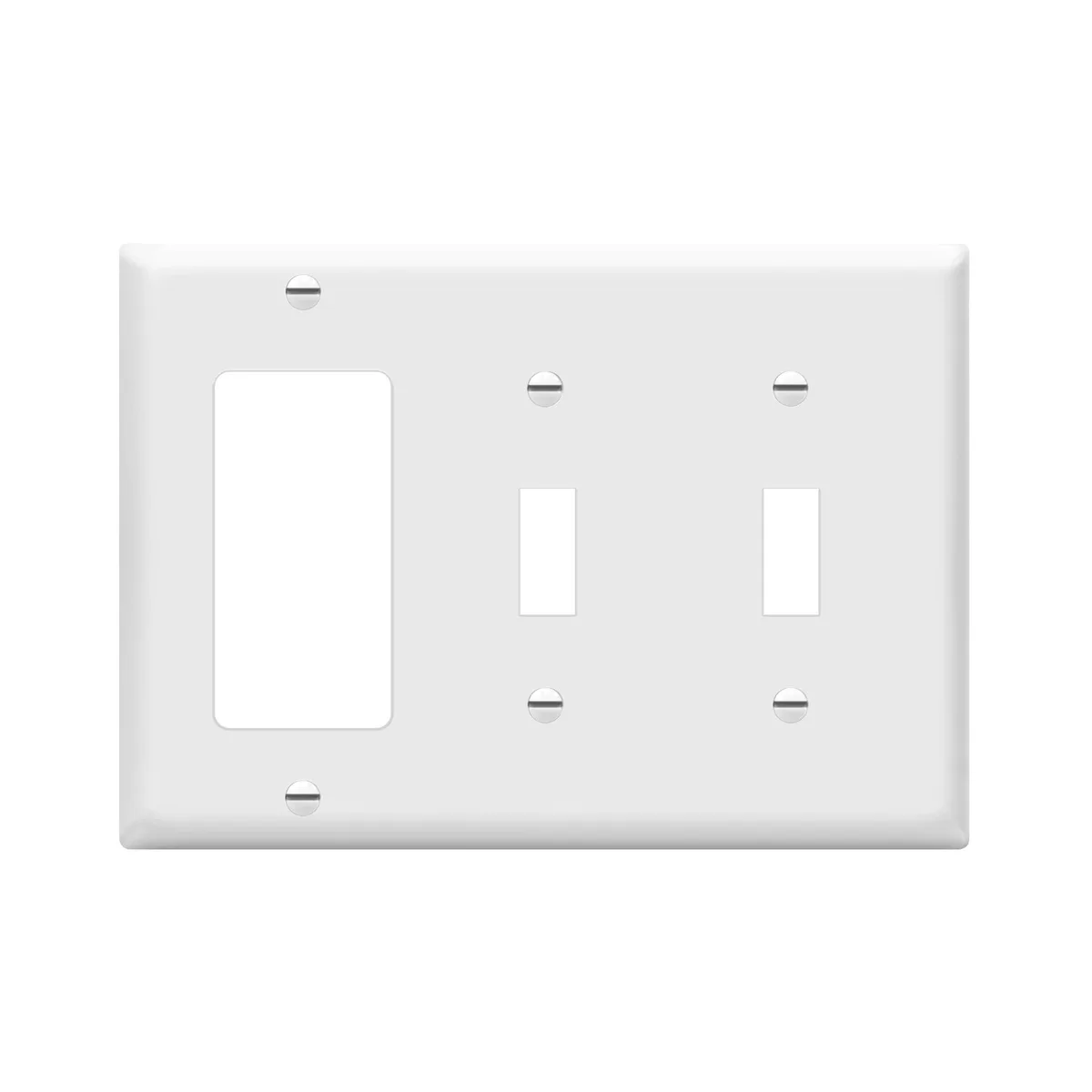 White three-gang wall plate with two toggle and one decorator cut-out, smooth glossy finish
