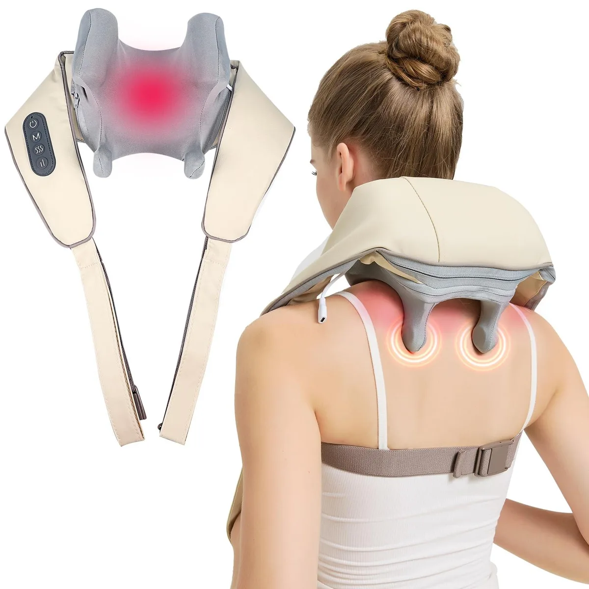 White wrap-around neck massager with faux-leather finish, adjustable back strap and built-in rechargeable battery