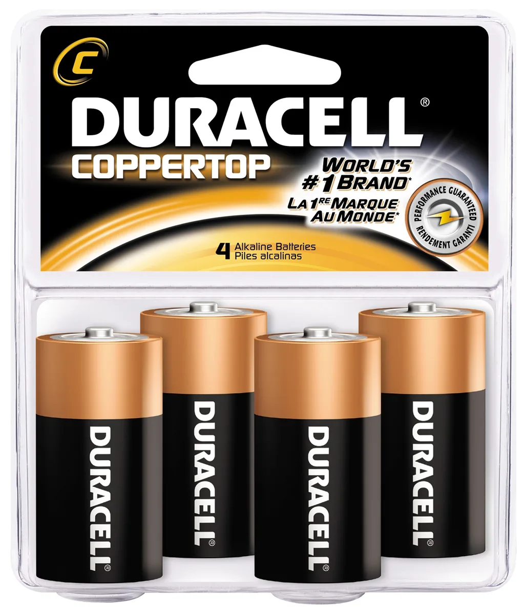 Four gray C alkaline batteries in a clear pack