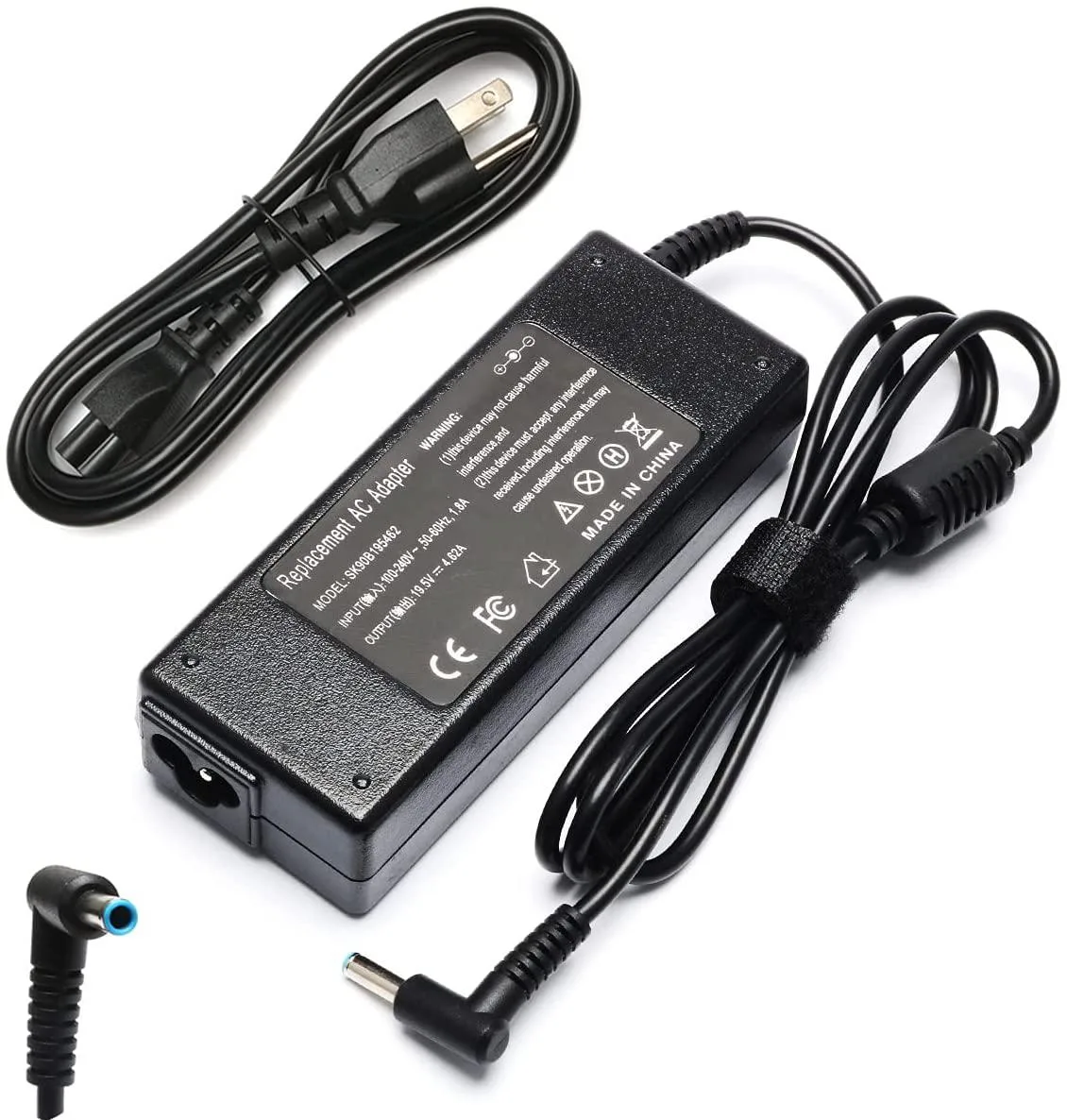 Black rectangular laptop charger with blue-tip barrel connector and detachable power cable