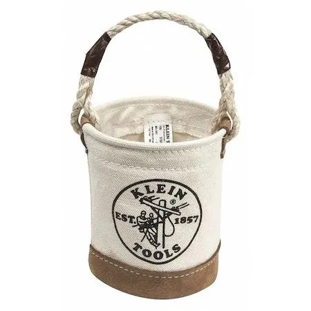 Mini white canvas bucket bag with leather base and rope handle