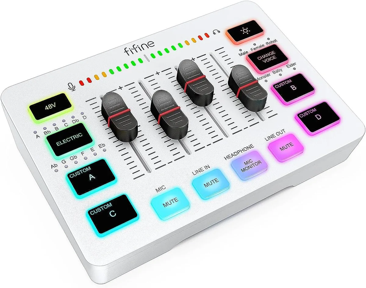 FIFINE FIFINE AmpliGame DJ mixer 4-channel XLR 48V phantom RGB 2023 — product photo