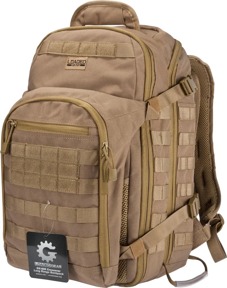 Beige nylon backpack with MOLLE webbing and padded laptop sleeve