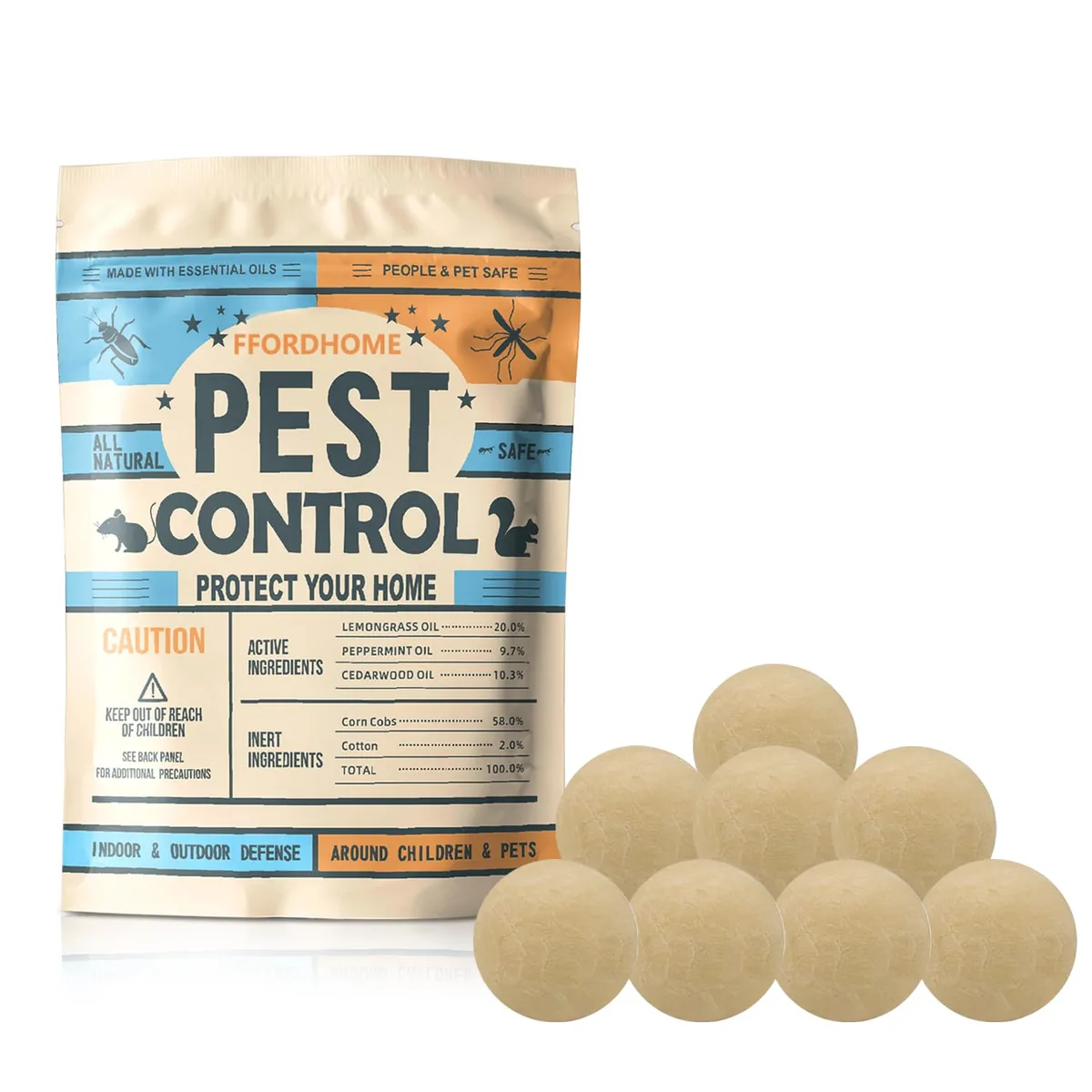 Eight white spherical pest repellent balls in packaging