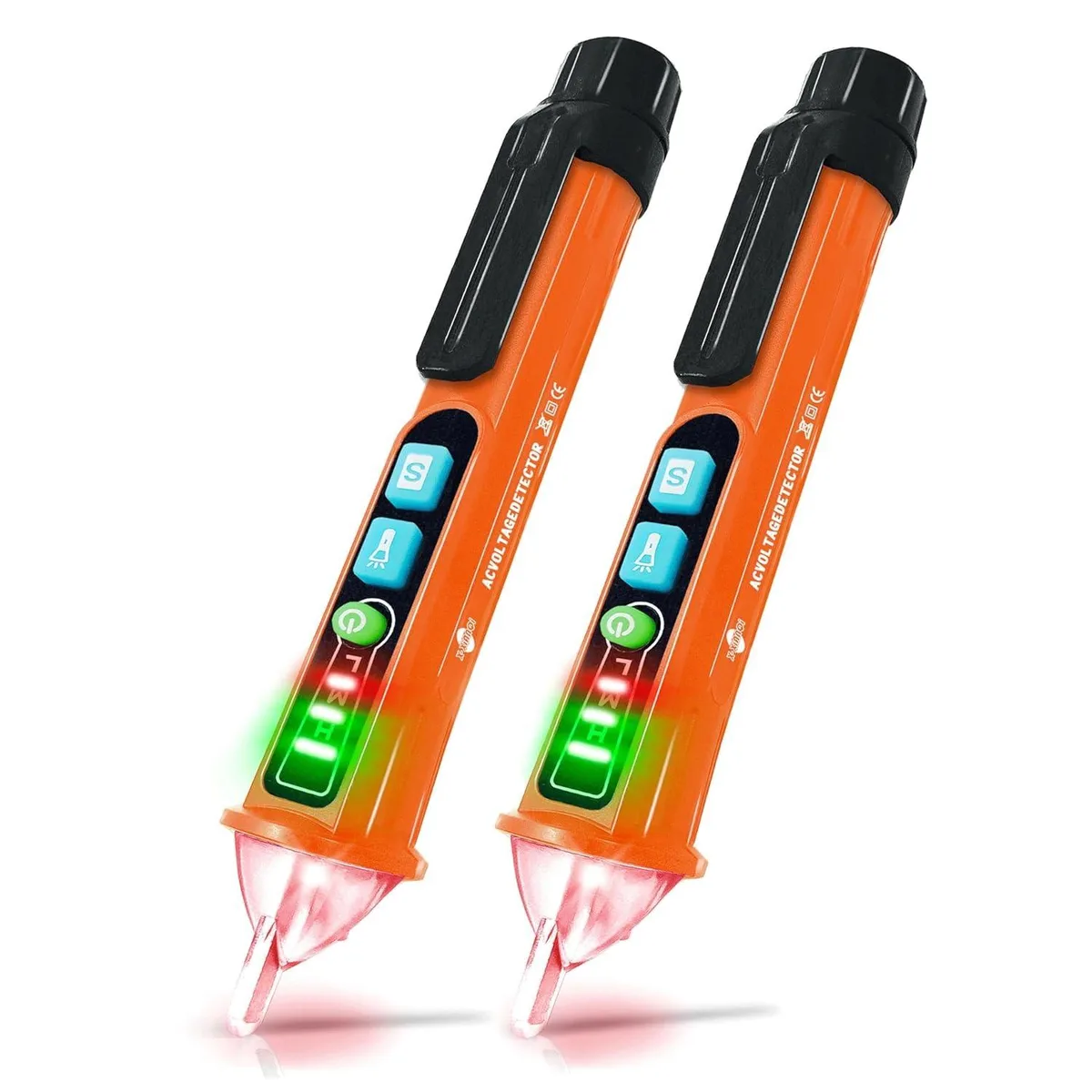 Orange non-contact voltage tester pen with LED tip and flashlight, two-pack