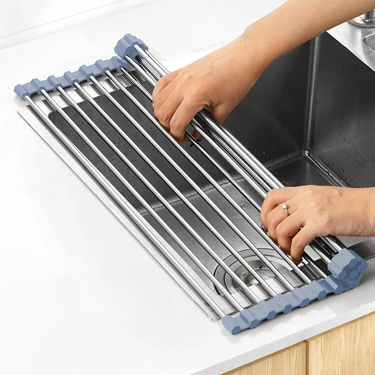 Red foldable roll-up rack with stainless steel rods and silicone connectors, 17.5 by 13.7 inches