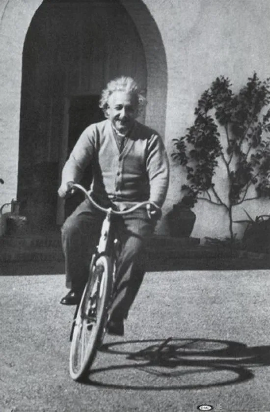 Poster print of Albert Einstein riding a bicycle, 24 by 36 inches, glossy paper finish