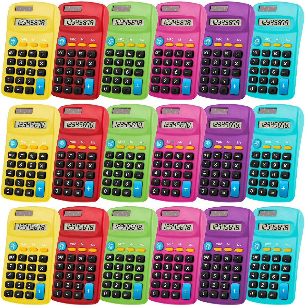 Thirty-six small pocket calculators in six colours laid flat