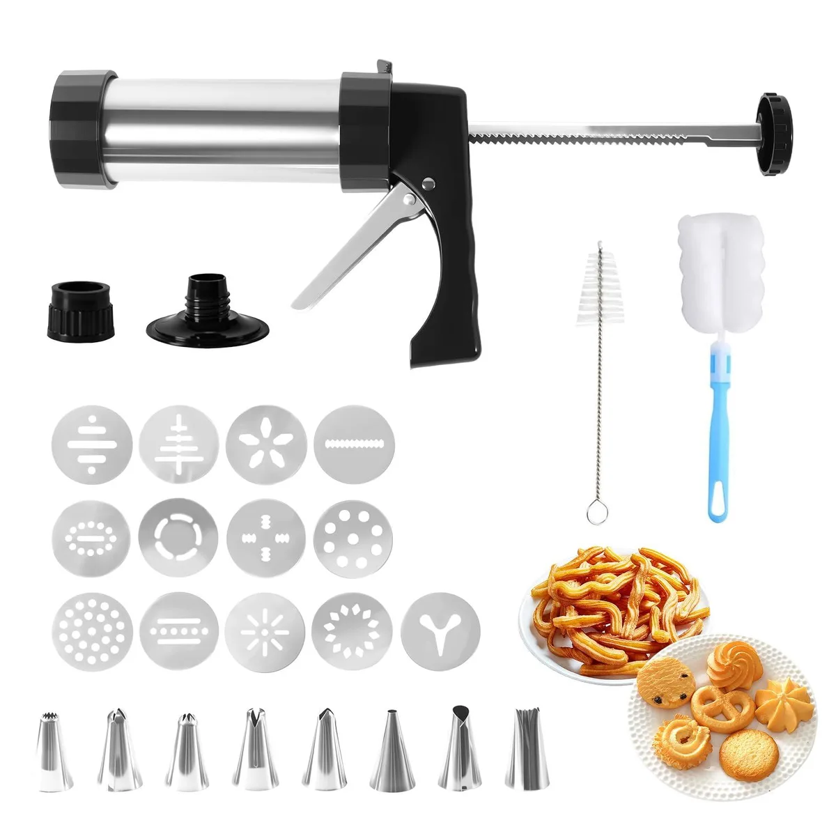 Stainless steel cookie press gun with 13 discs and 8 piping tips