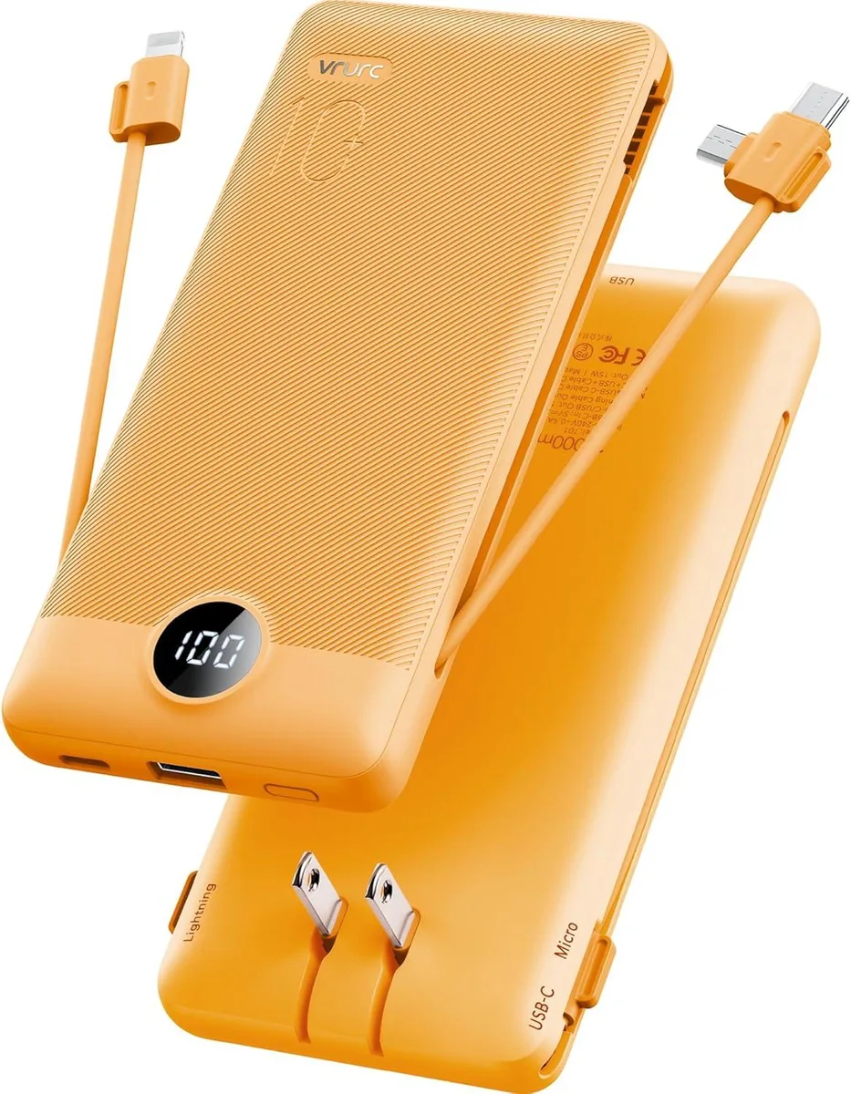 lelisten lelisten 10000mAh Power Bank with Built-in Cables &amp; AC Plug Orange — product photo