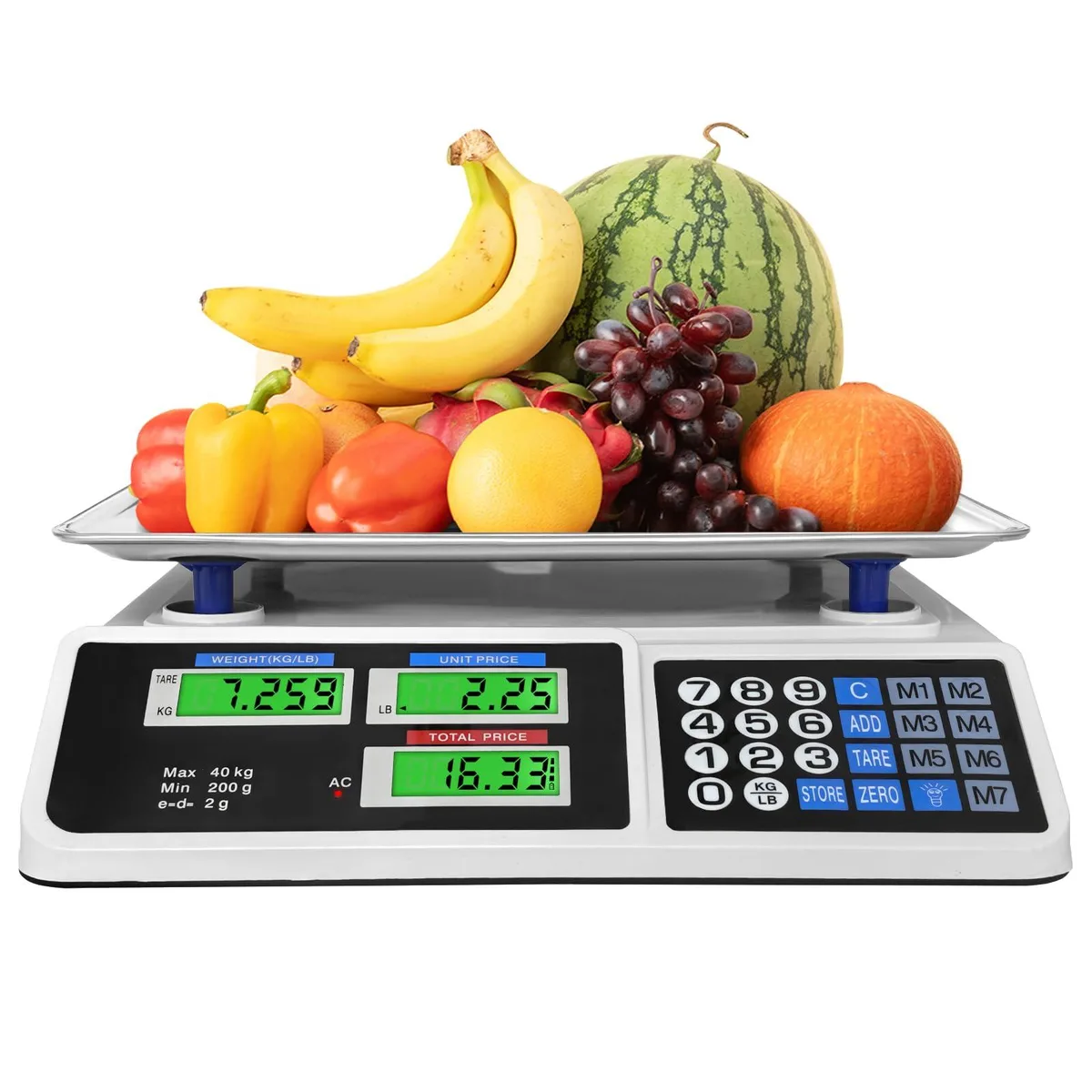 Silver counter-top price computing scale with stainless steel platform, dual LCD displays and ABS housing