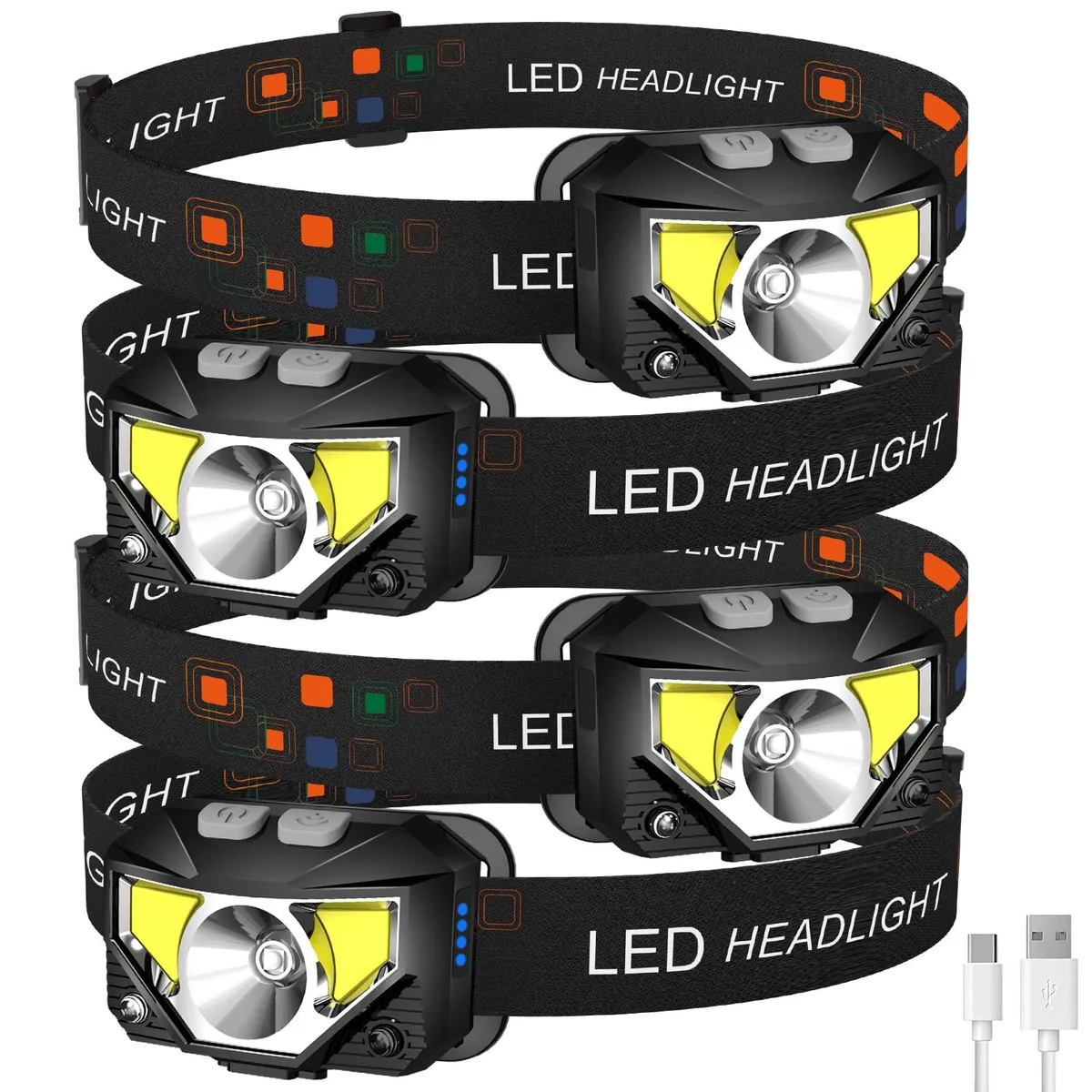 Four small rectangular headlamps in black ABS with elastic headbands, shown side by side