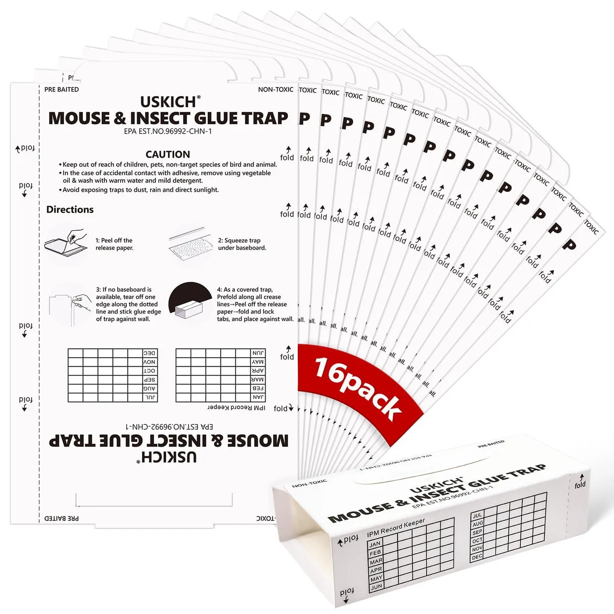 Sixteen flat rectangular glue boards, light beige adhesive surface, each five point two five by eight point five inches