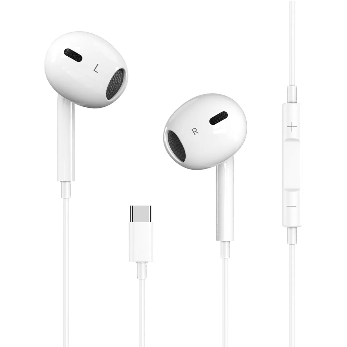 White in-ear earbuds with USB-C plug and inline remote