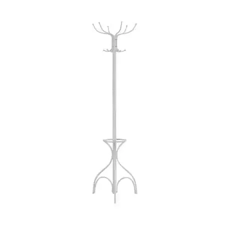 White metal freestanding coat rack with 12 hooks and umbrella ring