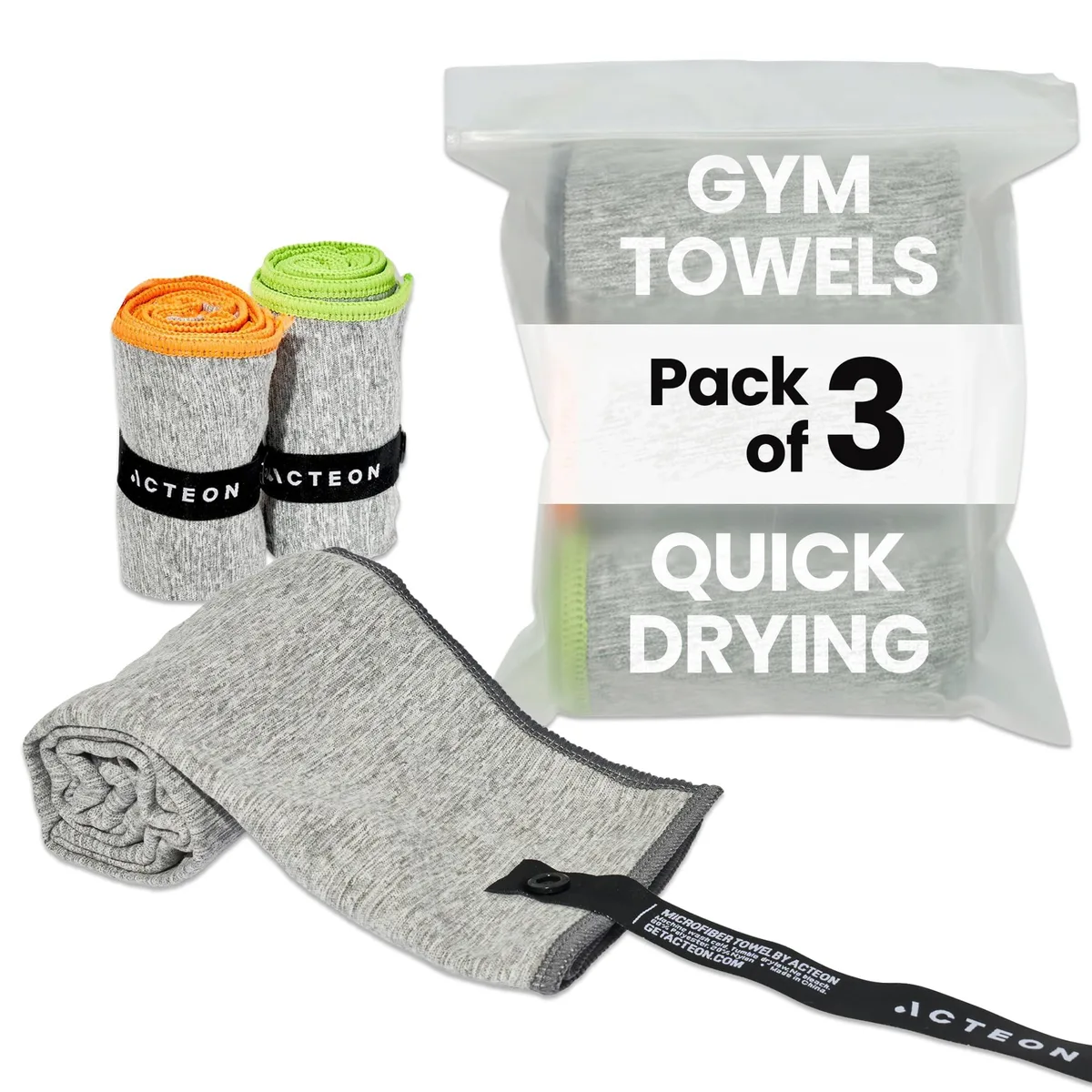 A single heather-grey microfiber towel, 77.47 cm by 40.64 cm, soft and lightweight