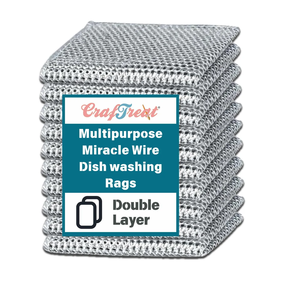 Ten silver mesh wire dishcloths, double layer, 8.5 inch square