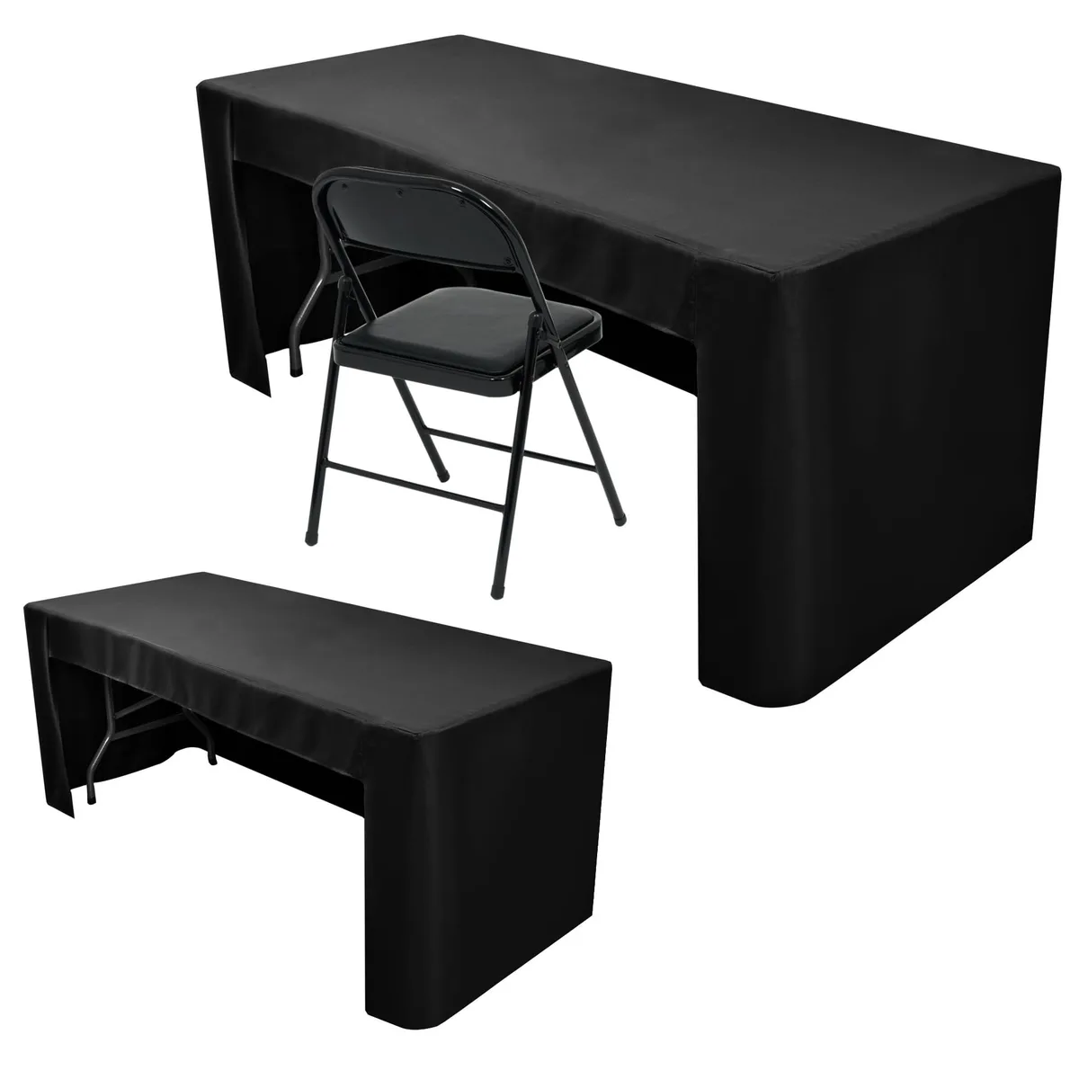 Two black fitted tablecloths with open back design, 72 inch length, polyester fabric