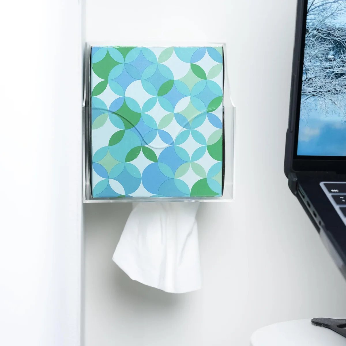 Clear acrylic square tissue box holder for wall or under-cabinet mounting