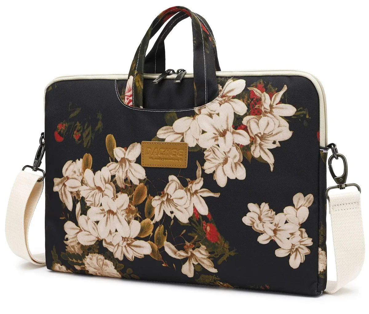 Black floral nylon messenger bag with shoulder strap and metal hardware, fits 15.6 inch laptop