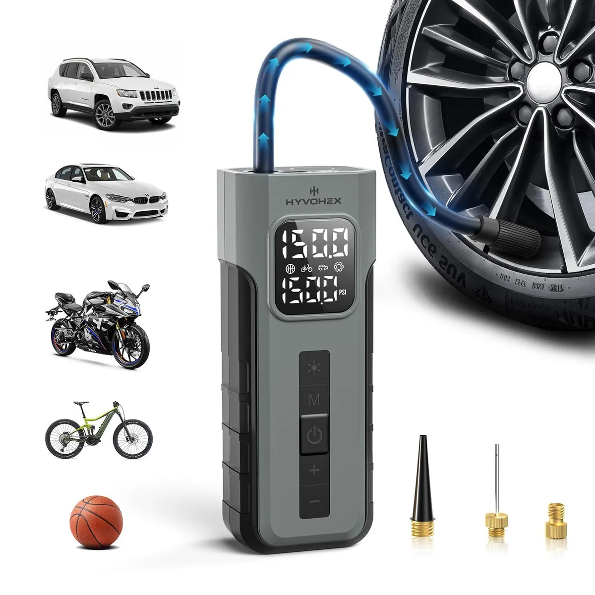 Compact grey cordless air compressor with digital gauge and LED light