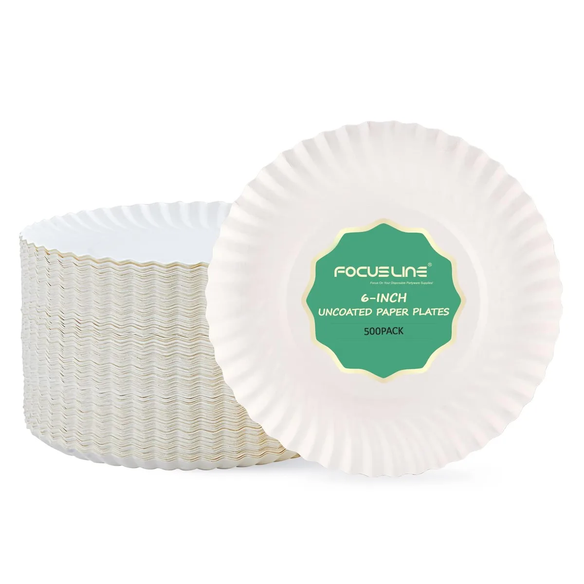 Stack of 500 white uncoated paper dessert plates, 6 inch rectangular shape