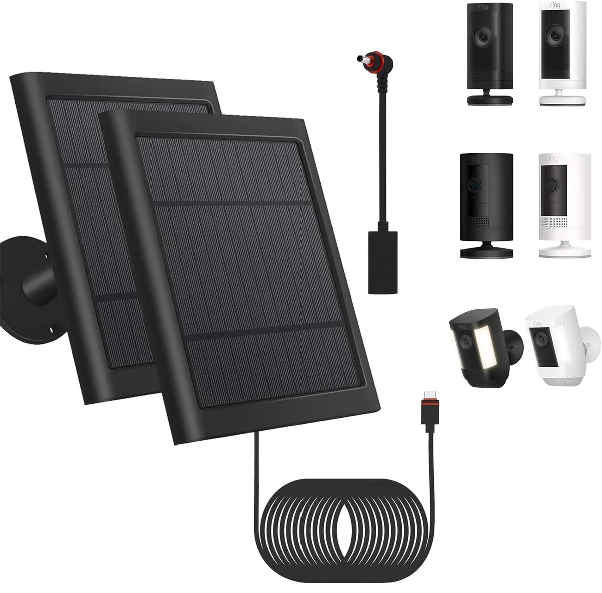 Two black rectangular solar panels with 360° brackets and 10ft cables